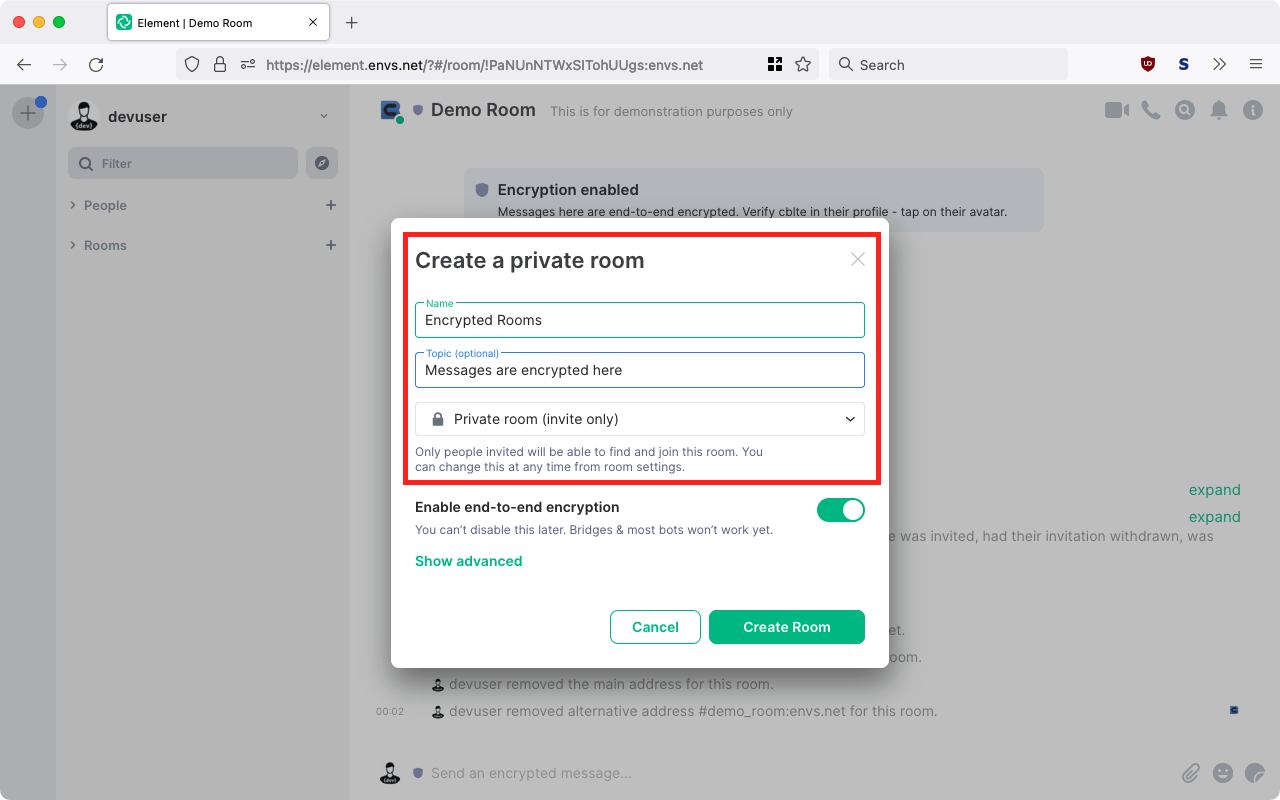 Create new room with activated encryption