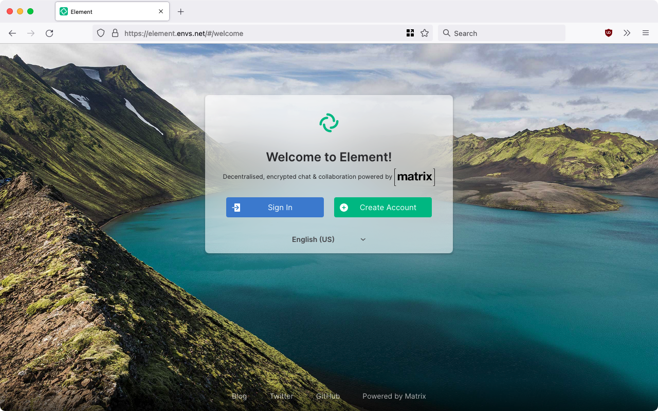 Start page of Element Webclient with login button