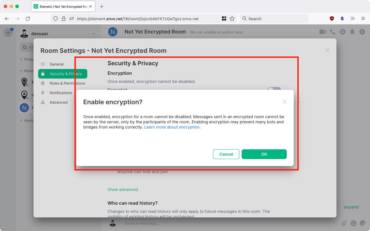 Enable encryption in the room settings