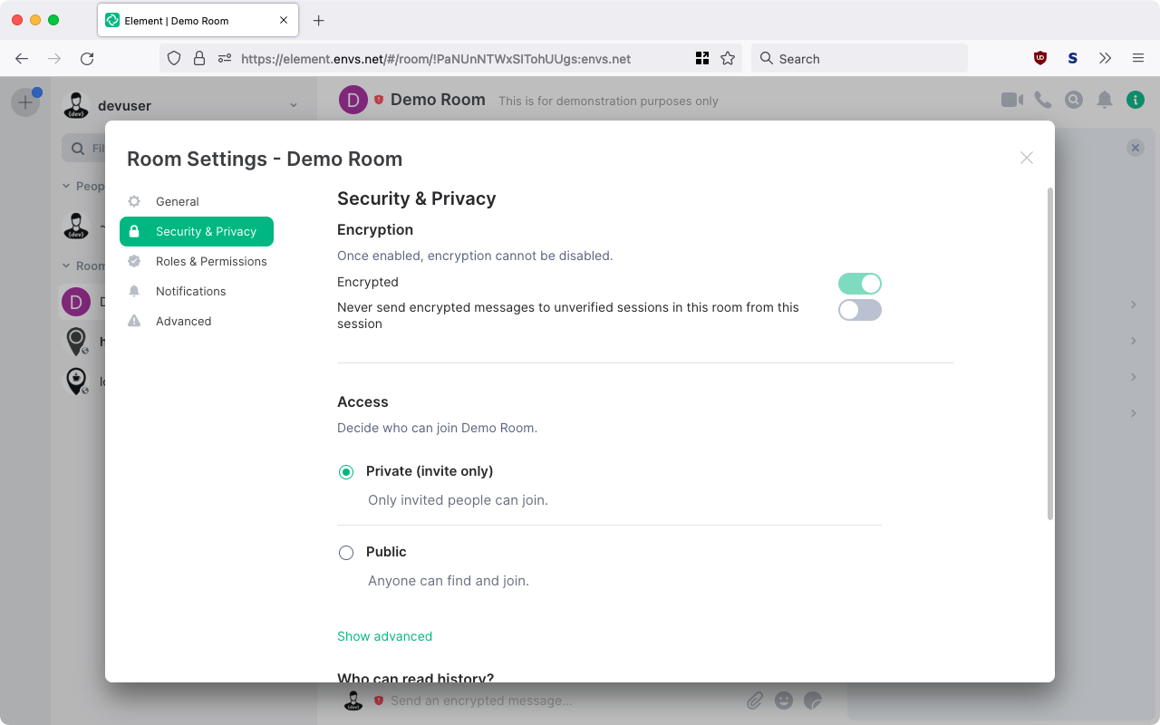Security settings for the newly created room