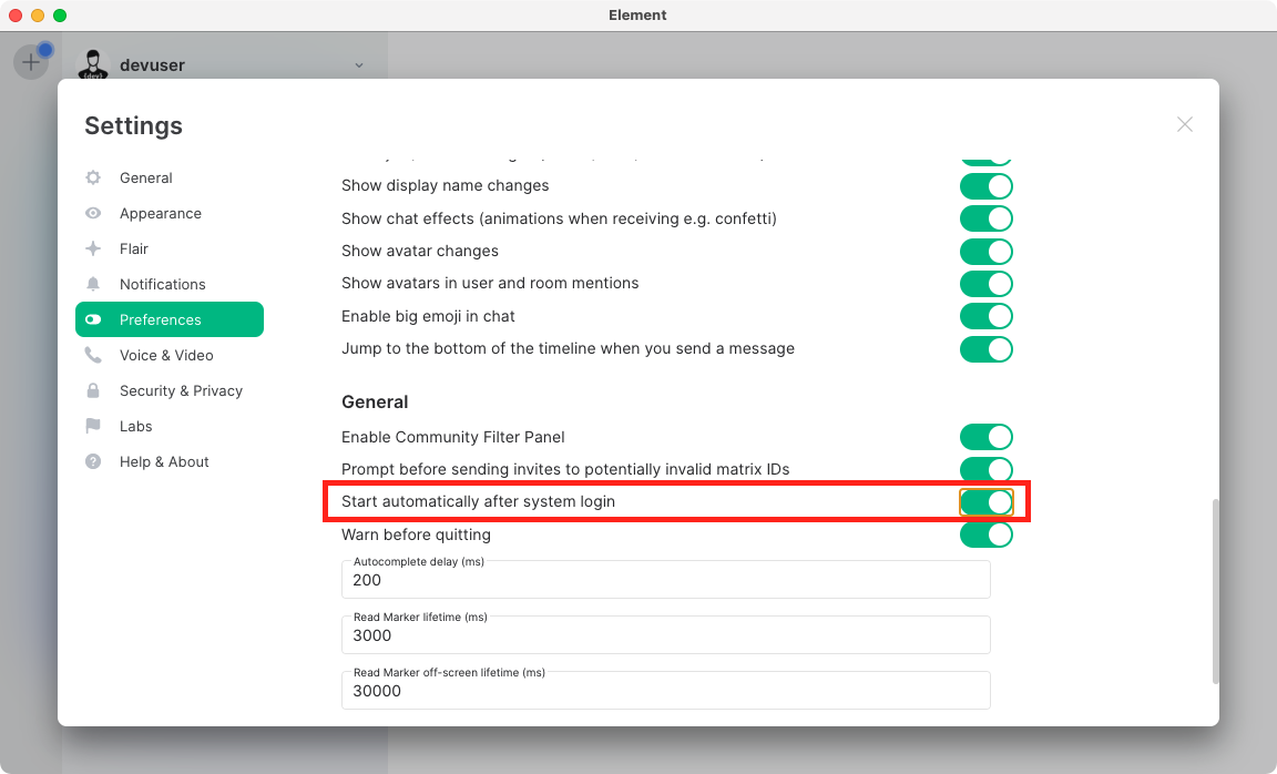 settings marked with the dot start automatically after system startup