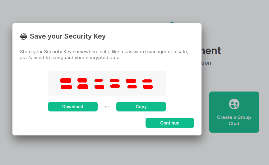 Display of the security key to write or save away