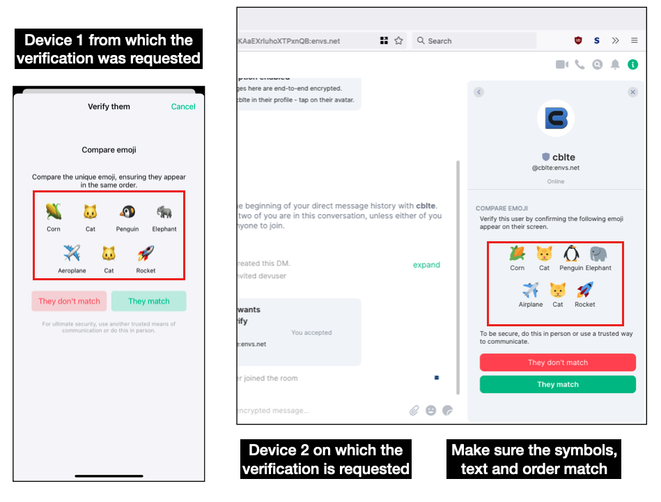 Emoji comparison to verify the key exchange